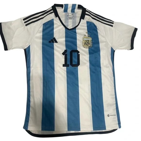 Adidas Messi #10 Argentina Blue and White Striped Soccer Jersey - Picture 1 of 9